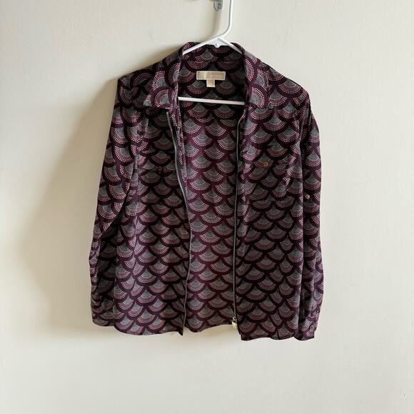 MICHAEL Michael Kors Blouse Women’s M Burgundy Purple Geometric Full Zip - Picture 3 of 12